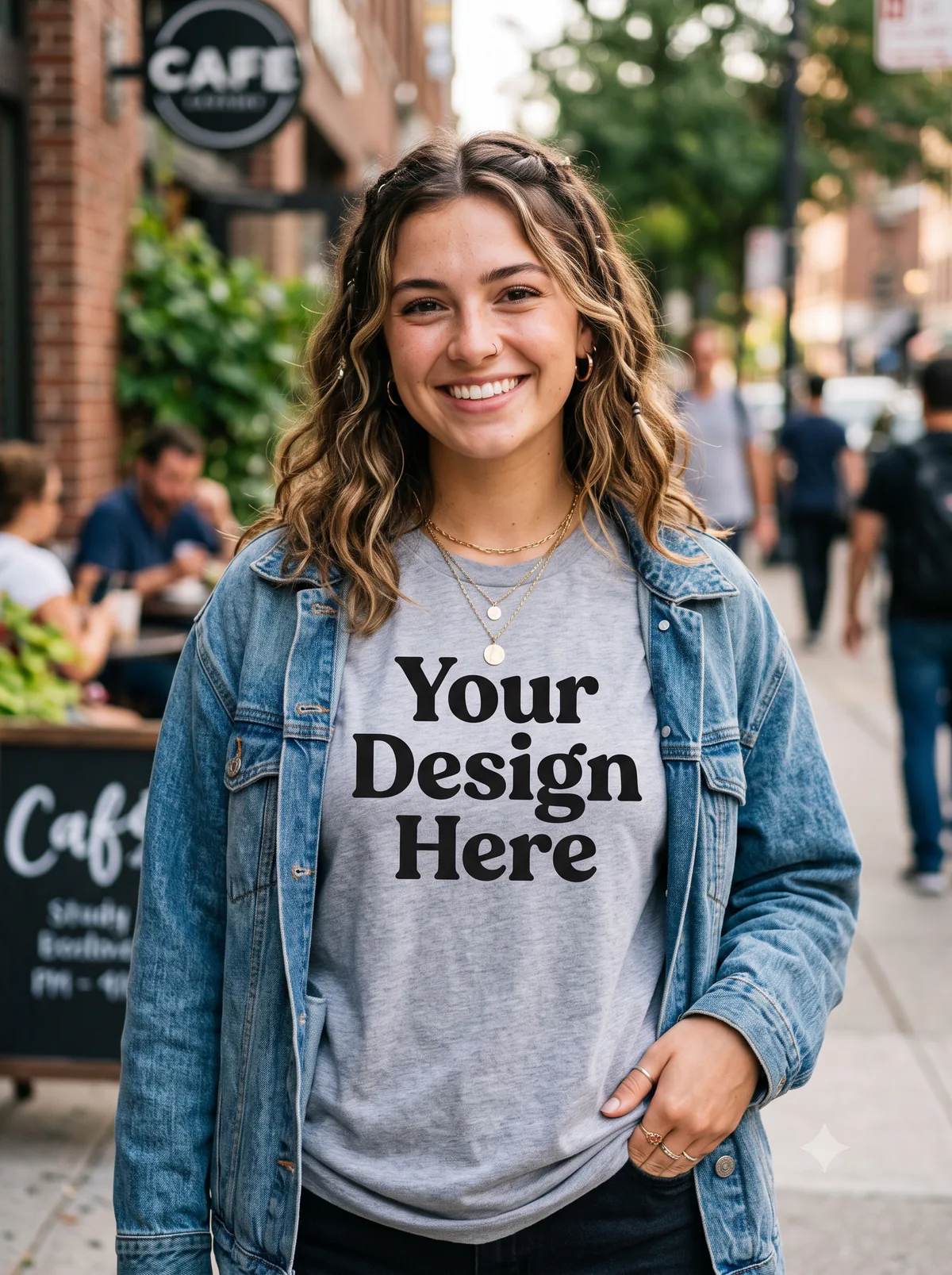 Woman wearing a custom printed T-shirt with Your Design Here artwork